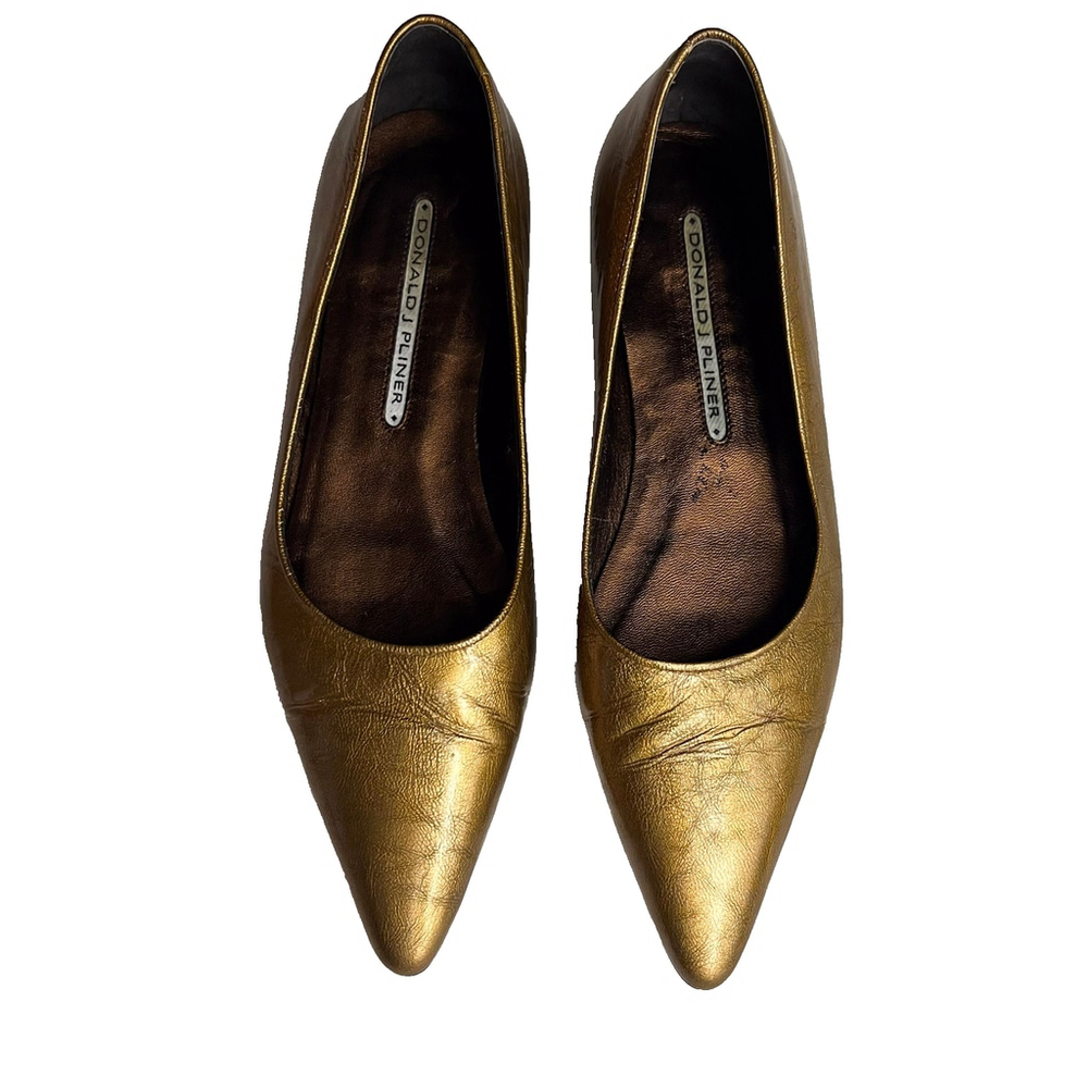 Vintage DONALD J PLINER Pointed Toe Flats Metallic Gold Spanish Leather Sz 6.5